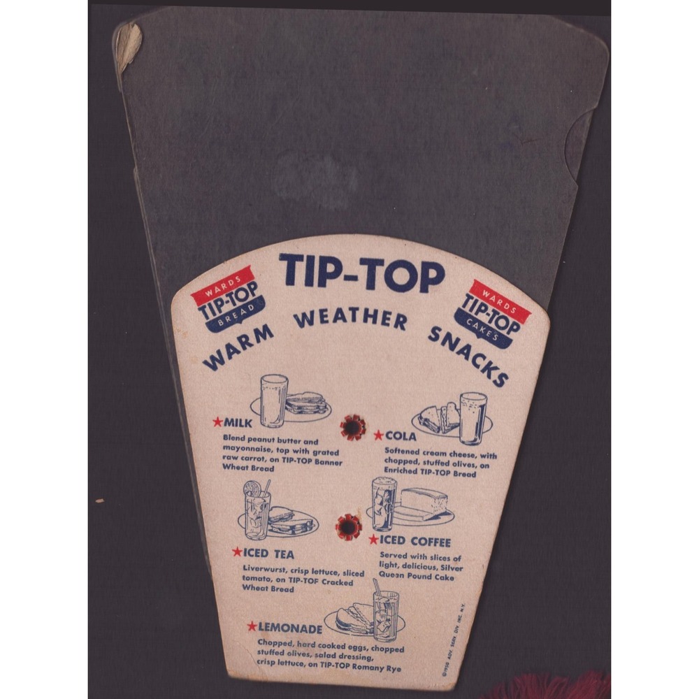 Vintage 1950 Ward Tip-Top Bread Folding Fan Advertising Warm Weather Snacks - Picture 2 of 3